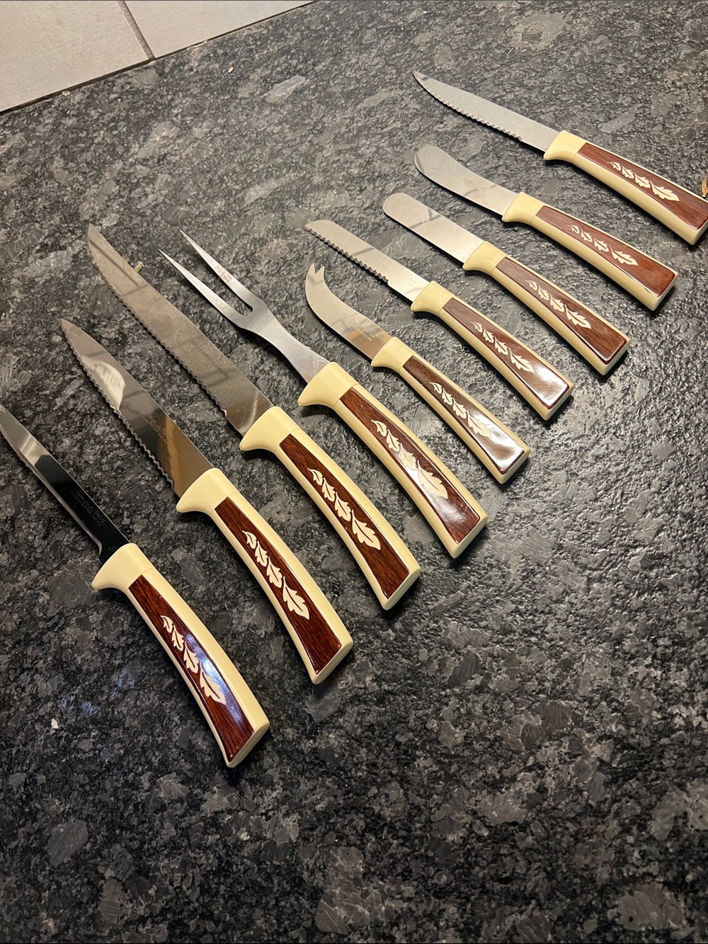 Vintage MCM Assorted Set of 9 Sheffield Utensils with Brown Inlay. Look new!!!